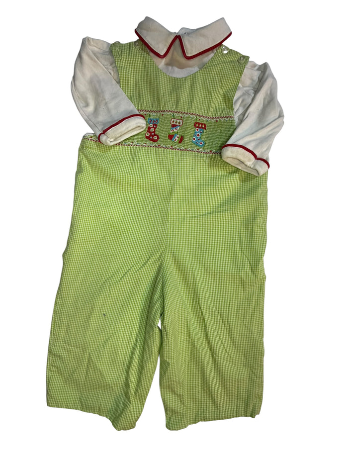 12M First Impression Green and White Gingham Smocked Stocking Longall with Long-sleeve Peter Pan Collar Blouse Set GUC