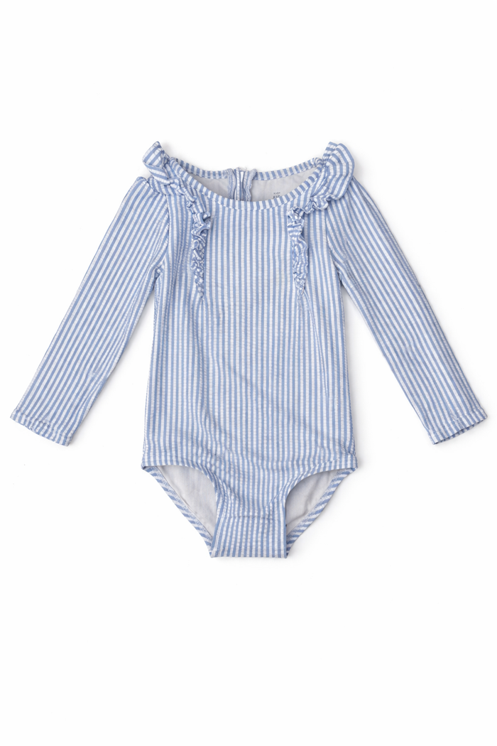Baby Gap Long Sleeve Blue Seersucker Swimsuit size 18-24M good used condition