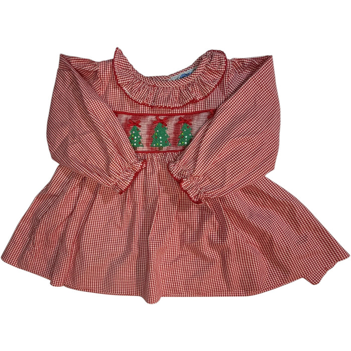 Emma Blake Smocks Red & White Gingham Hand Smocked Christmas Tree Ruffle Dress size 24M excellent used condition