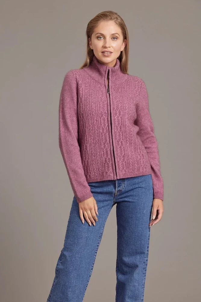 Possum and Merino  5039 Cable Zip Jacket - So versatile and easy to wear you will love this new zip-up Jacket with its delicate and feminine cable detailing.  Lace Cable Detail Mid Weight for warmth and comfort 35% Possum Fur, 55% Merino Wool, 10% Pure Mulberry Silk New Zealand Designed and Manufactured