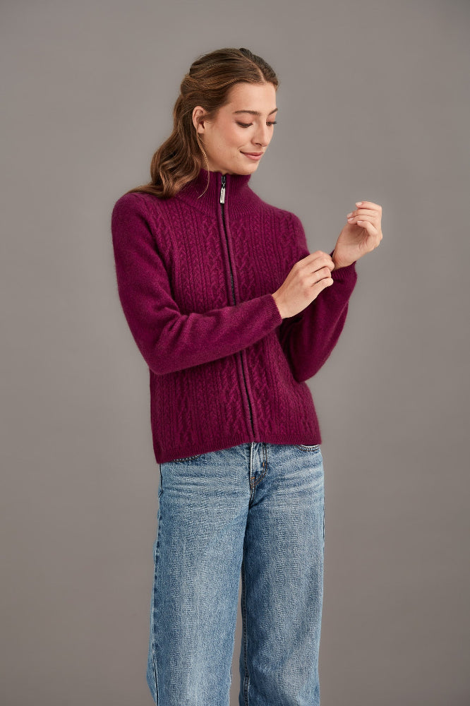 Possum and Merino  5039 Cable Zip Jacket - So versatile and easy to wear you will love this new zip-up Jacket with its delicate and feminine cable detailing.  Lace Cable Detail Mid Weight for warmth and comfort 35% Possum Fur, 55% Merino Wool, 10% Pure Mulberry Silk New Zealand Designed and Manufactured