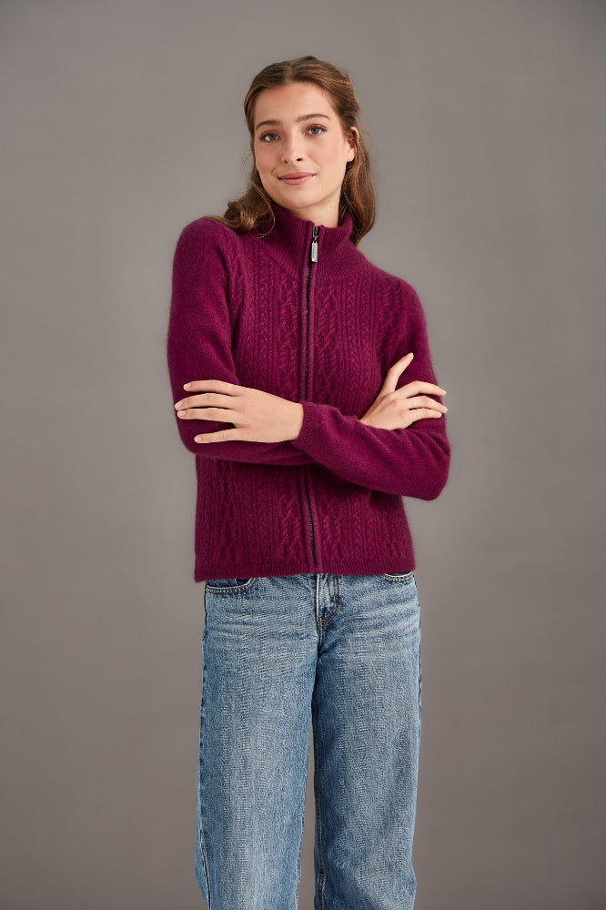 Possum and Merino  5039 Cable Zip Jacket - So versatile and easy to wear you will love this new zip-up Jacket with its delicate and feminine cable detailing.  Lace Cable Detail Mid Weight for warmth and comfort 35% Possum Fur, 55% Merino Wool, 10% Pure Mulberry Silk New Zealand Designed and Manufactured