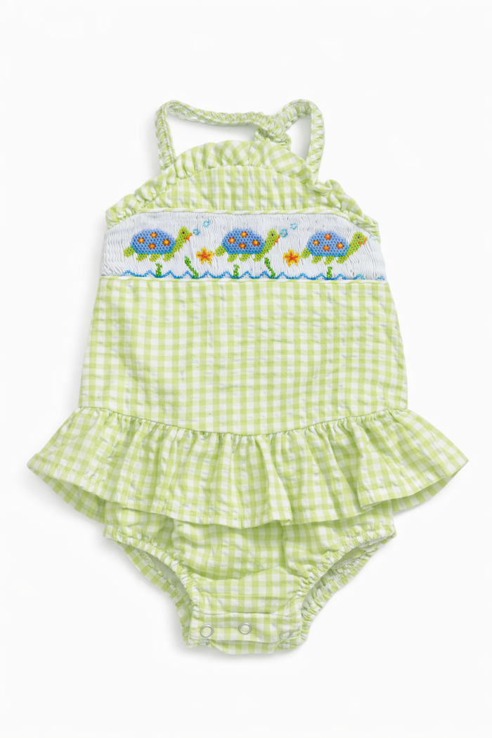 Bailey Boys Green Seersucker Turtle Bubble EUC size 6M gently used