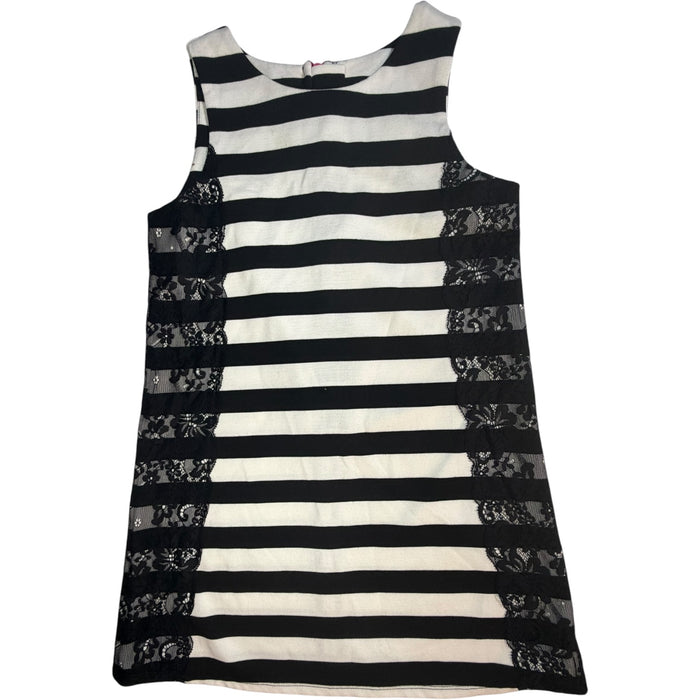 8 Pippa and Julie Black and White Striped with Black Lace Dress with Hot Pink Back Zipper EUC