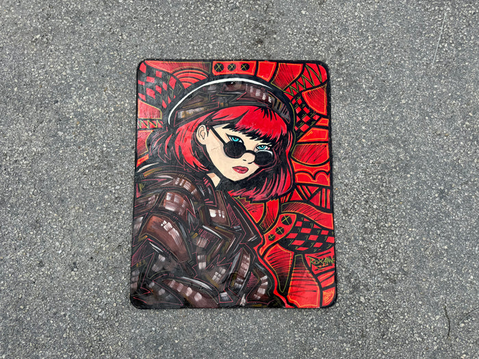 Roxanne, Russian spy girl painting on a reclaimed street sign by Roc Sol