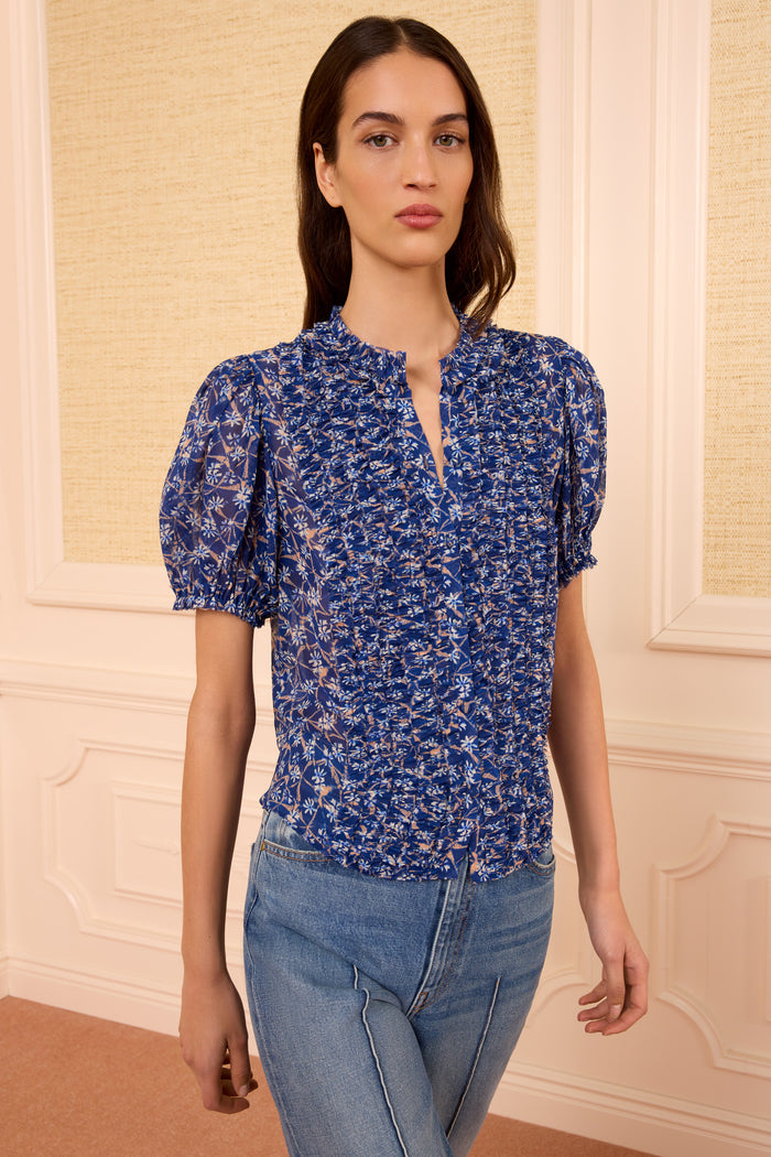 Dusk Blue Silk Floral Shibori Adira Blouse - Front View On Model | Ulla Johnson