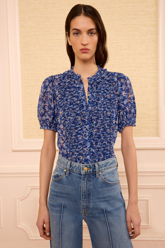 Dusk Blue Designer Silk Blouse - Front Styled with Denim On Model | Ulla Johnson