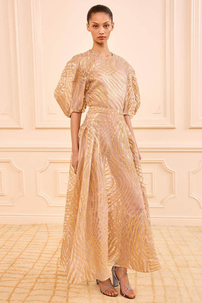 Adrienne Luxury Gold Lurex Maxi Skirt - Full Length Front On Model | Ulla Johnson