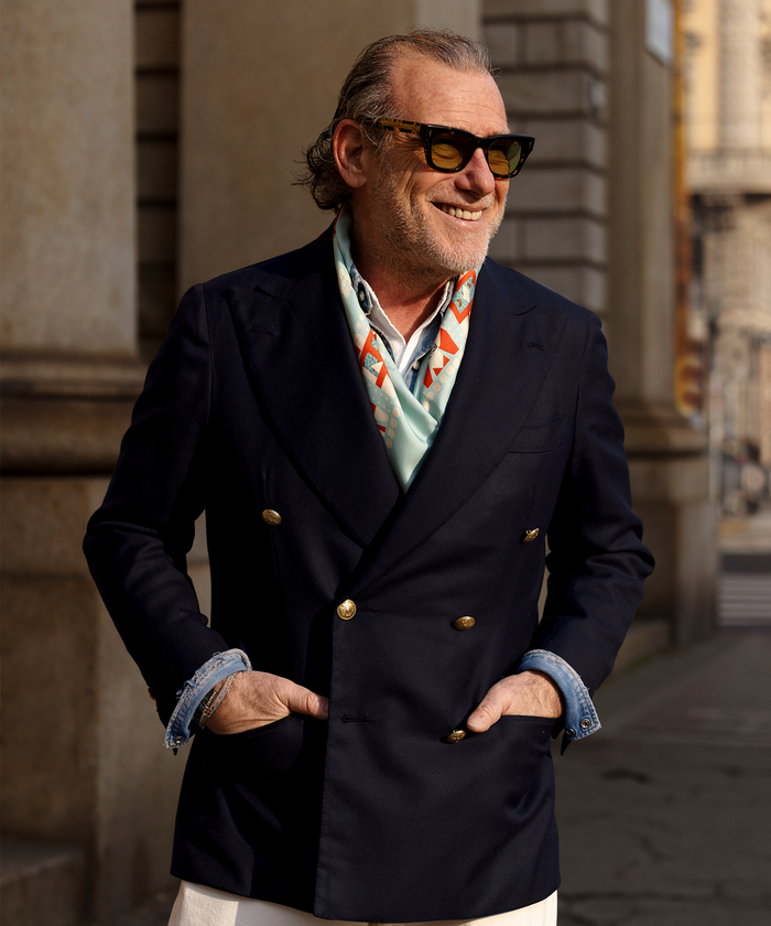 Alessandro Squarzi wearing his scarf design