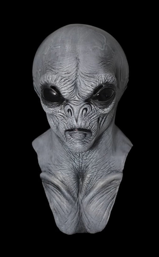 Alien Grey Alien Halloween Mask front view with classic Grey extraterrestrial face and large alien eyes
