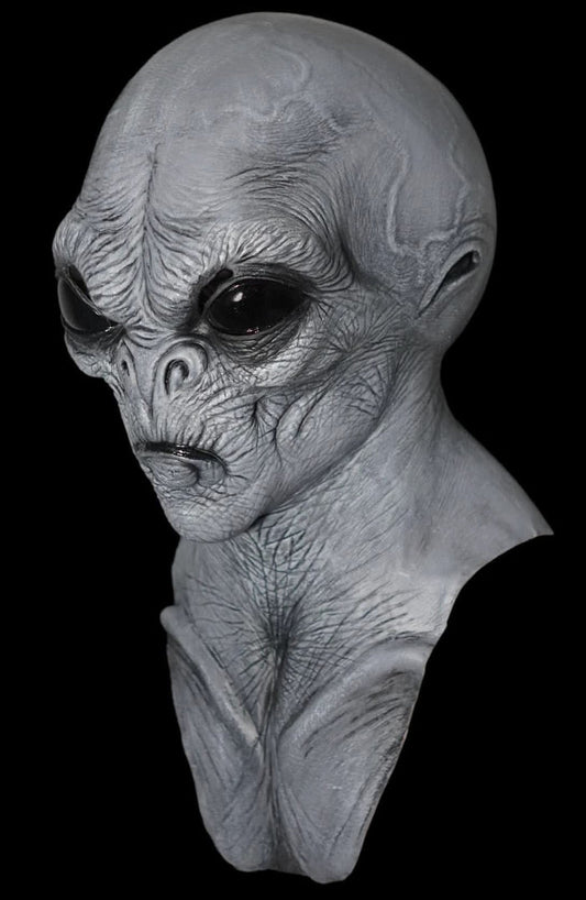 Grey Alien Mask side view showing seamless full-head design and hand-painted sci-fi creature detail