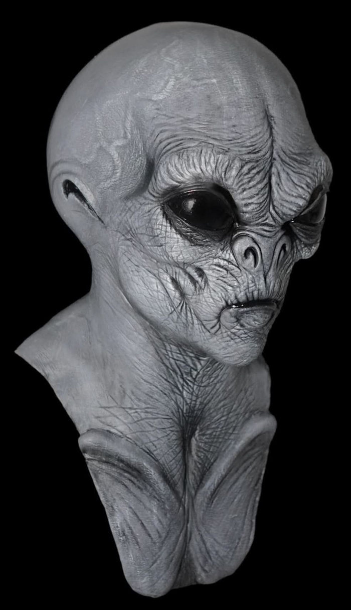 Scary alien Halloween mask with realistic Grey alien face for haunted houses and cosplay