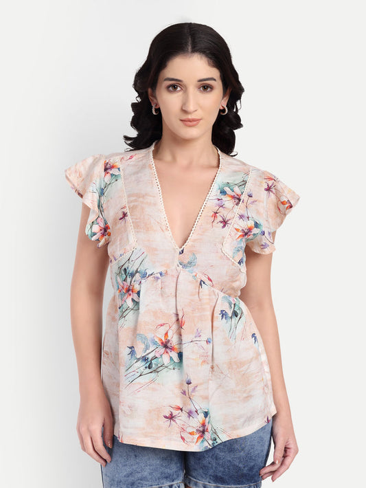 Women’s beige floral Amelia top with ruffle sleeves, soft flowy fit and elegant stylish design