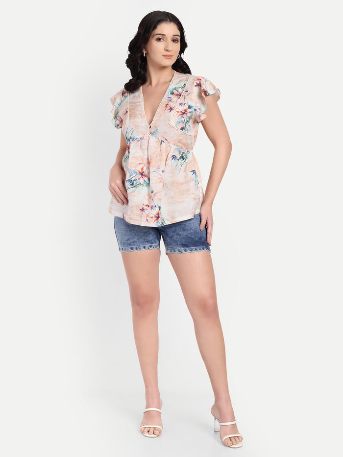 Women’s beige floral Amelia top with ruffle sleeves, soft flowy fit and elegant stylish design
