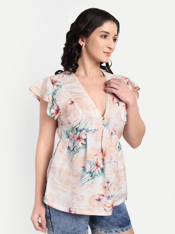 Women’s beige floral Amelia top with ruffle sleeves, soft flowy fit and elegant stylish design