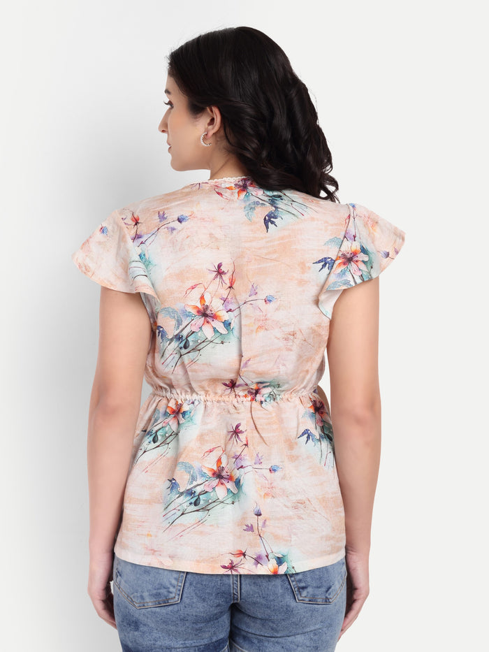 Women’s beige floral Amelia top with ruffle sleeves, soft flowy fit and elegant stylish design