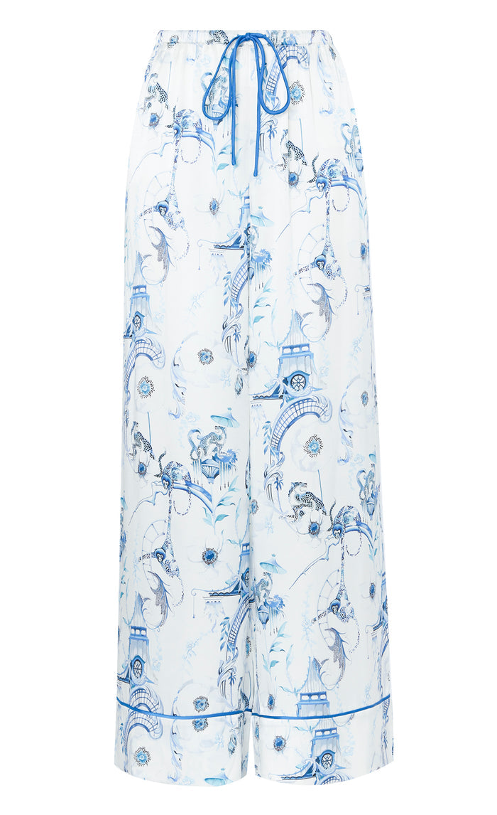 Aphrodite Long Pyjama Bottoms - White & Blue Euphoria