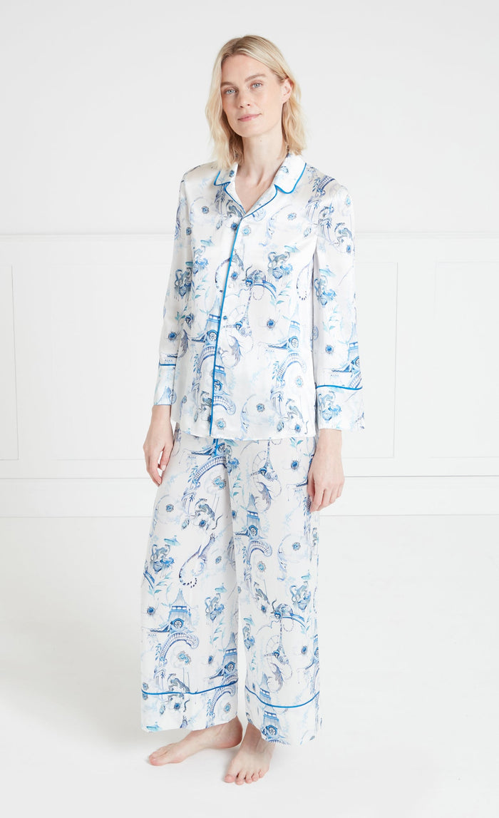 Aphrodite Long Pyjama Bottoms - White & Blue Euphoria