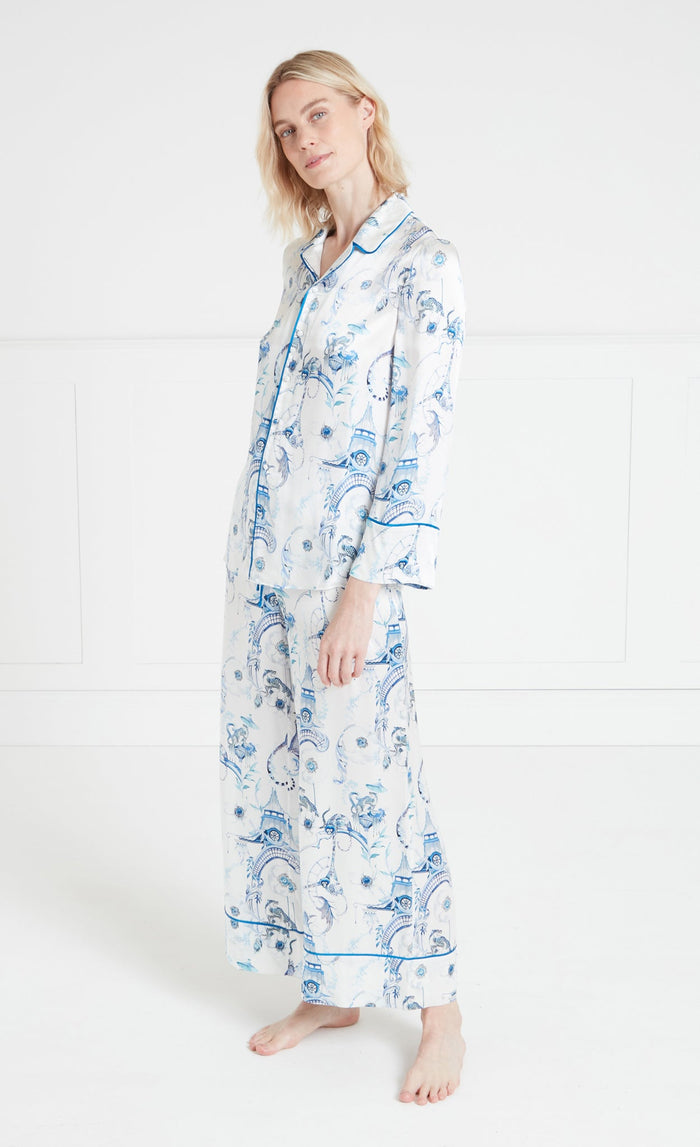 Aphrodite Long Pyjama Bottoms - White & Blue Euphoria