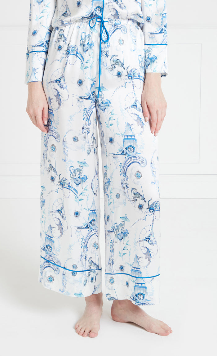 Aphrodite Long Pyjama Bottoms - White & Blue Euphoria