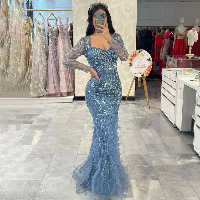 Arabic Blue Feather Beaded Mermaid Evening Dress for Women LA71818 - SERENE HILL