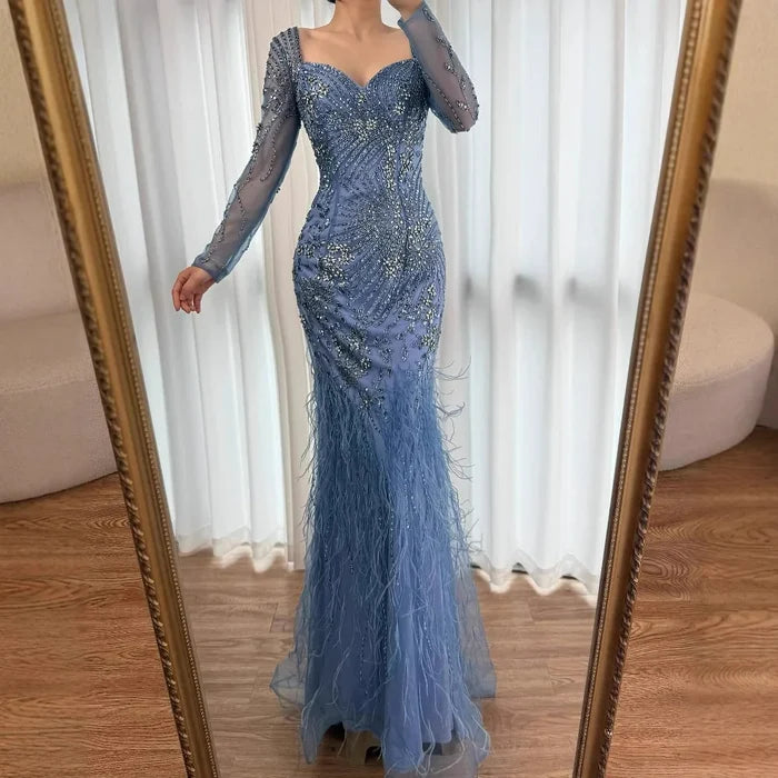 Arabic Blue Feather Beaded Mermaid Evening Dress for Women LA71818 - SERENE HILL