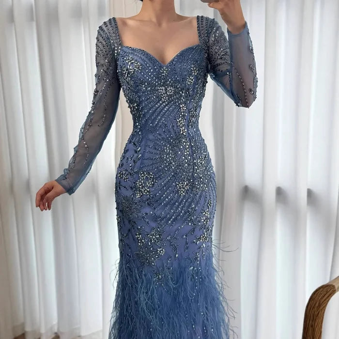Arabic Blue Feather Beaded Mermaid Evening Dress for Women LA71818 - SERENE HILL