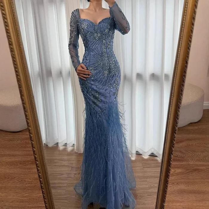 Arabic Blue Feather Beaded Mermaid Evening Dress for Women LA71818 - SERENE HILL