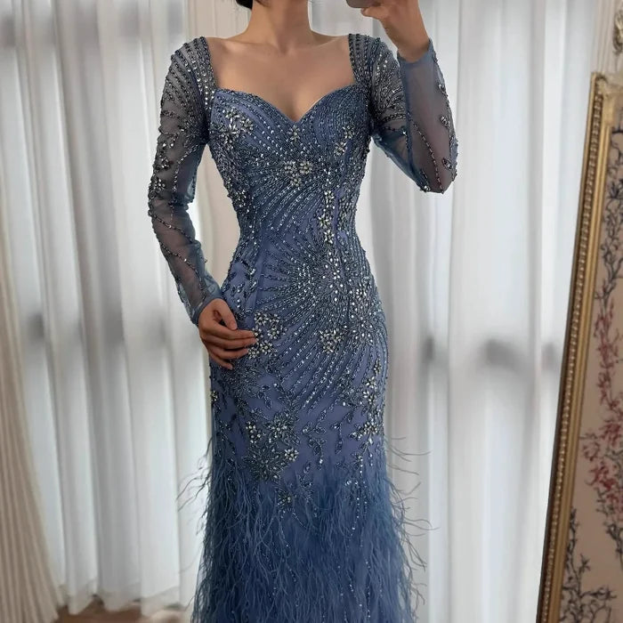 Arabic Blue Feather Beaded Mermaid Evening Dress for Women LA71818 - SERENE HILL