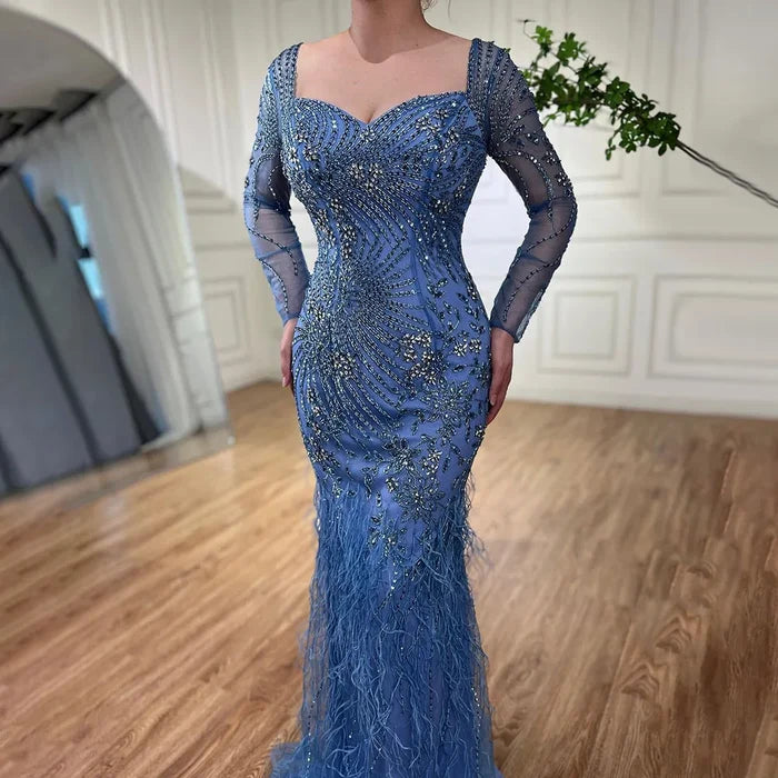 Arabic Blue Feather Beaded Mermaid Evening Dress for Women LA71818 - SERENE HILL