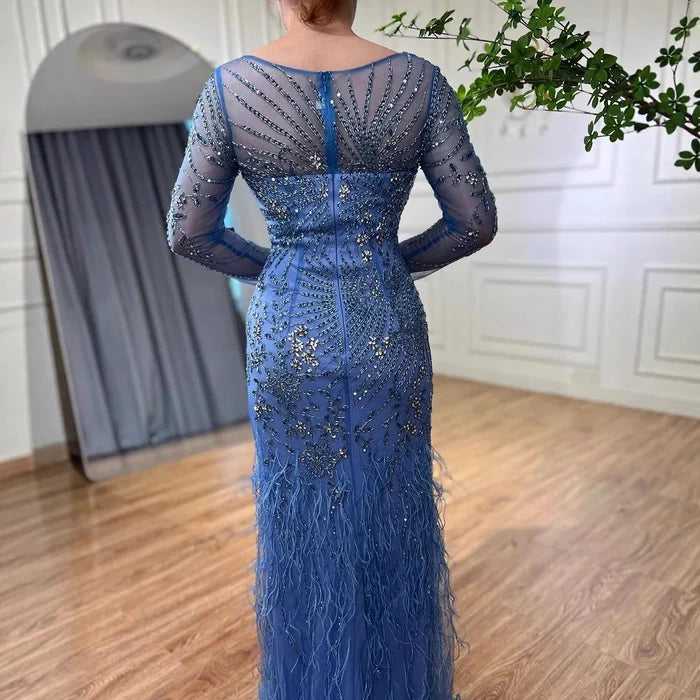 Arabic Blue Feather Beaded Mermaid Evening Dress for Women LA71818 - SERENE HILL