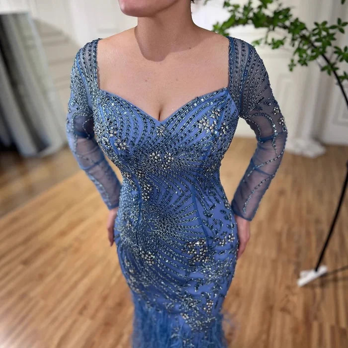 Arabic Blue Feather Beaded Mermaid Evening Dress for Women LA71818 - SERENE HILL
