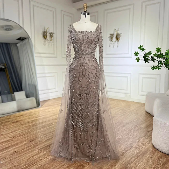 Arabic Caramel Beaded Mermaid Evening Dress with Cape Sleeves LA72400A - SERENE HILL