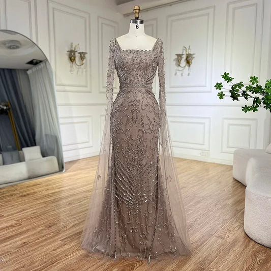 Arabic Caramel Beaded Mermaid Evening Dress with Cape Sleeves LA72400A - SERENE HILL