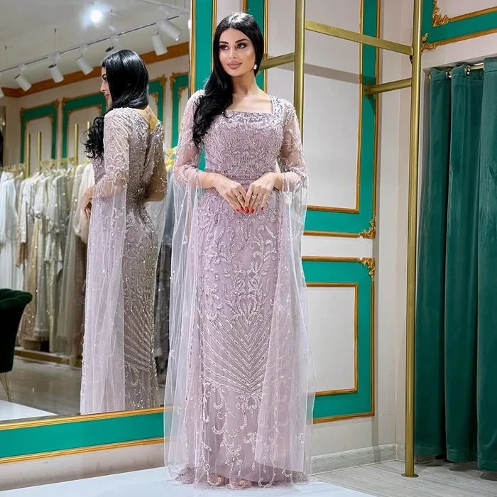 Arabic Caramel Beaded Mermaid Evening Dress with Cape Sleeves LA72400A - SERENE HILL