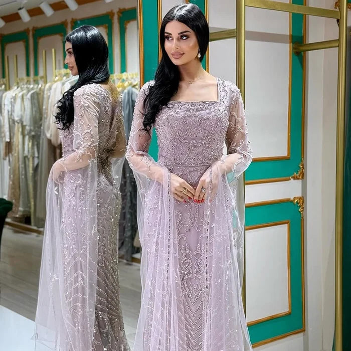 Arabic Caramel Beaded Mermaid Evening Dress with Cape Sleeves LA72400A - SERENE HILL