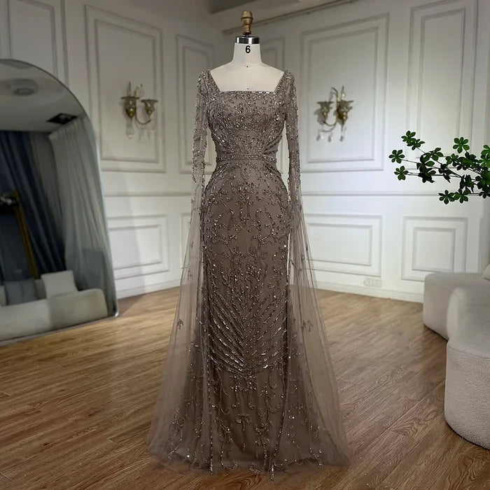 Arabic Caramel Beaded Mermaid Evening Dress with Cape Sleeves LA72400A - SERENE HILL