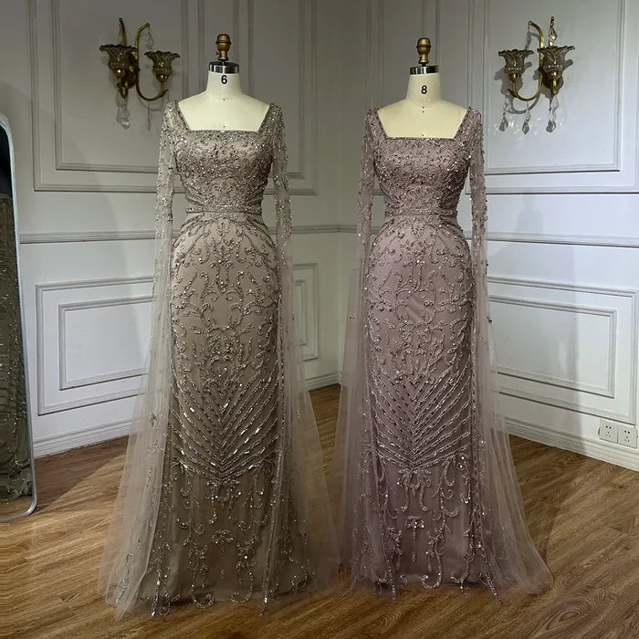 Arabic Caramel Beaded Mermaid Evening Dress with Cape Sleeves LA72400A - SERENE HILL