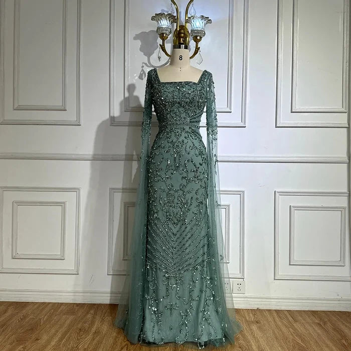 Arabic Caramel Beaded Mermaid Evening Dress with Cape Sleeves LA72400A - SERENE HILL