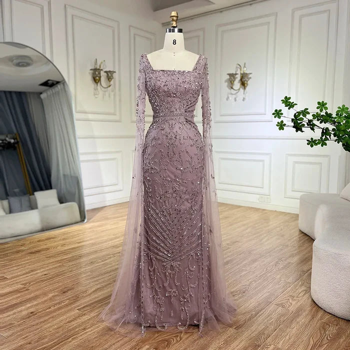 Arabic Caramel Beaded Mermaid Evening Dress with Cape Sleeves LA72400A - SERENE HILL