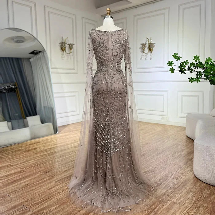 Arabic Caramel Beaded Mermaid Evening Dress with Cape Sleeves LA72400A - SERENE HILL