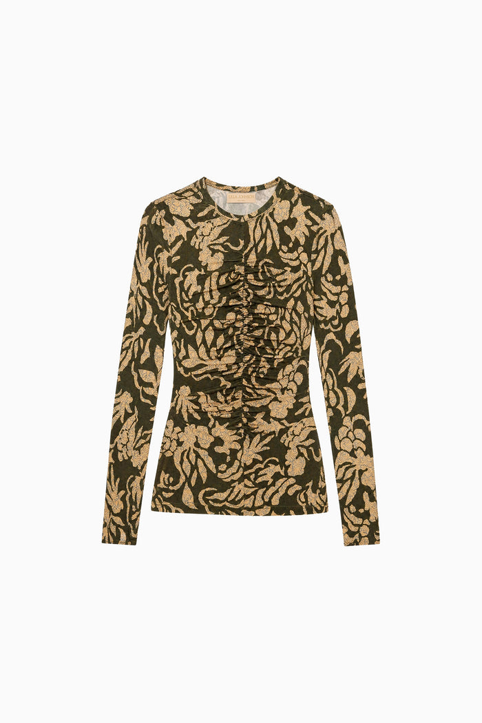 Asha Long Sleeve Jersey Top - Khaki Floral
