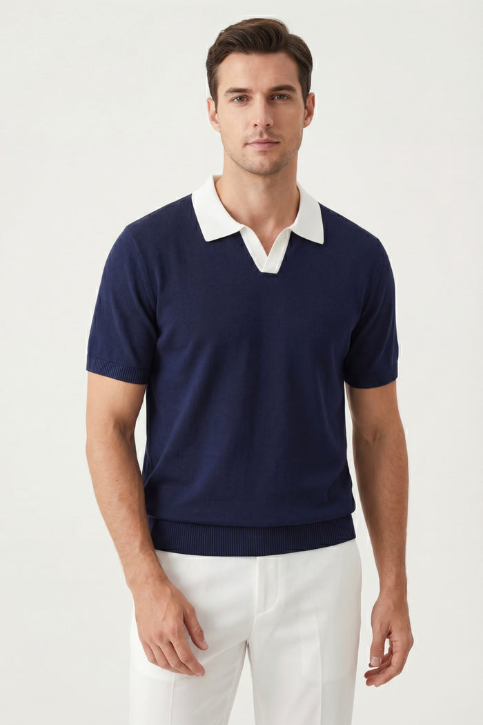 Asti Lapel Knit Polo Navy