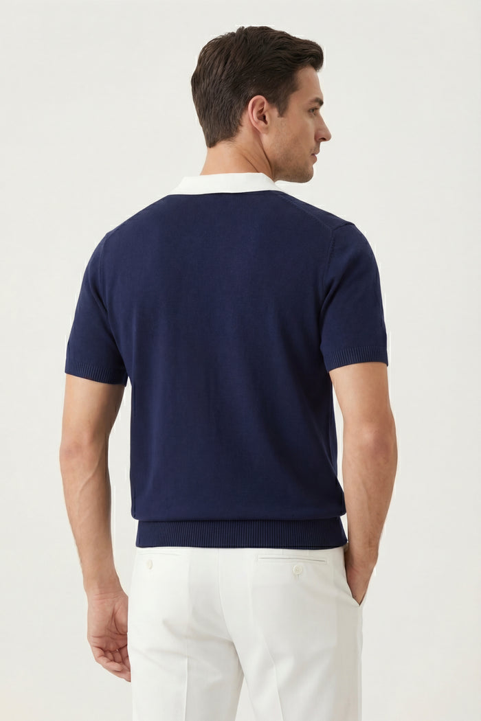 Asti Lapel Knit Polo Navy