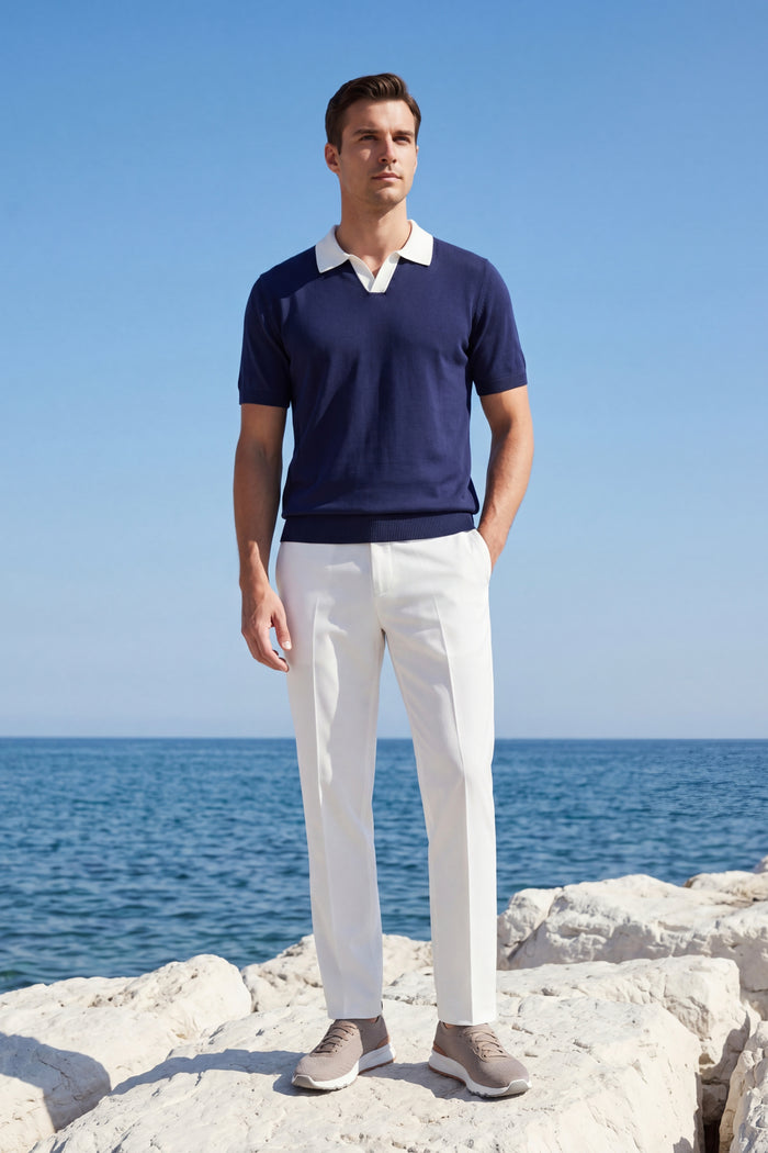 Asti Lapel Knit Polo Navy