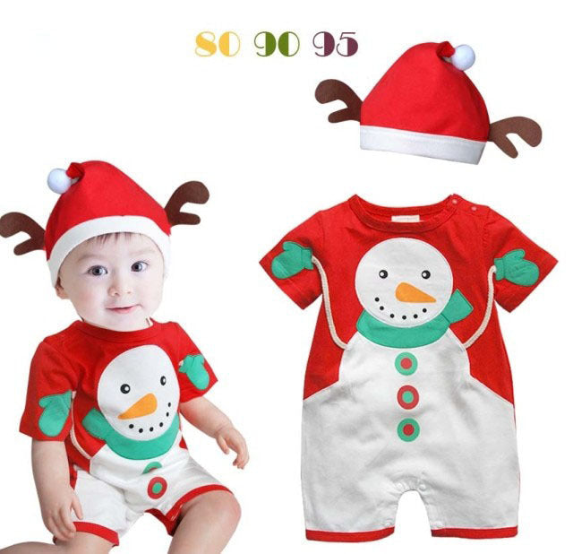 Baby Clothing for New Year and Christmas featuring a festive red snowman bodysuit and reindeer hat.