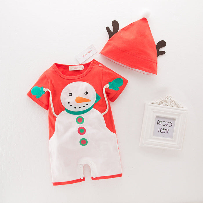 Baby Clothing for New Year and Christmas featuring a red snowman bodysuit with a festive hat.