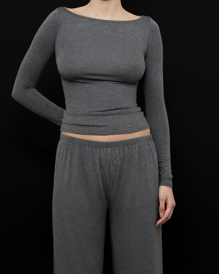 Front View of Recline Bateau Long Sleeve in Charcoal from KYE Intimates in Los Angeles.