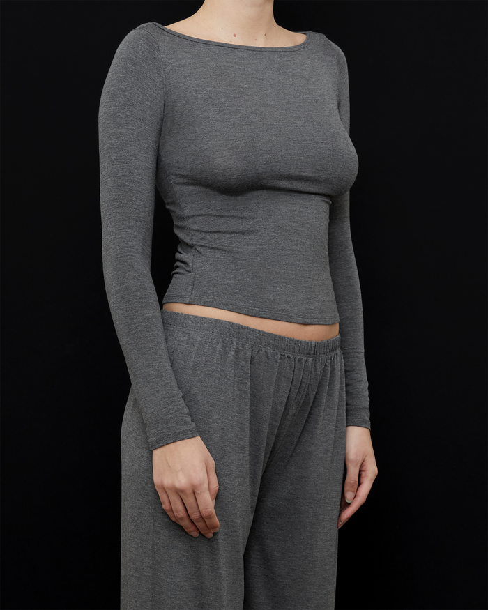 Side View of Recline Bateau Long Sleeve in Charcoal from KYE Intimates in Los Angeles.