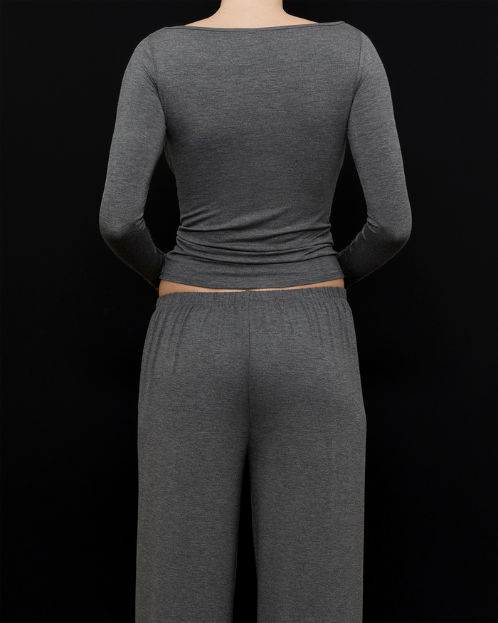 Back View of Recline Bateau Long Sleeve in Charcoal from KYE Intimates in Los Angeles.